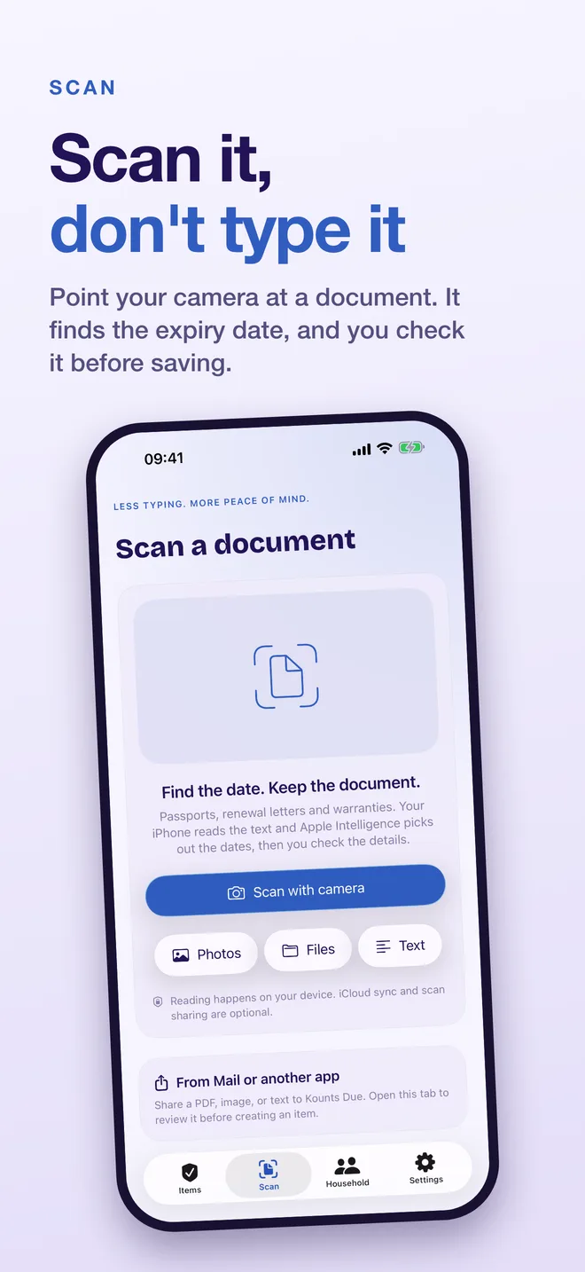 Scan a document: take a photo or pick one from Photos, Files or pasted text